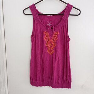 Sonoma fuchsia sleeveless top smocked collar and hem embroidered tribal design